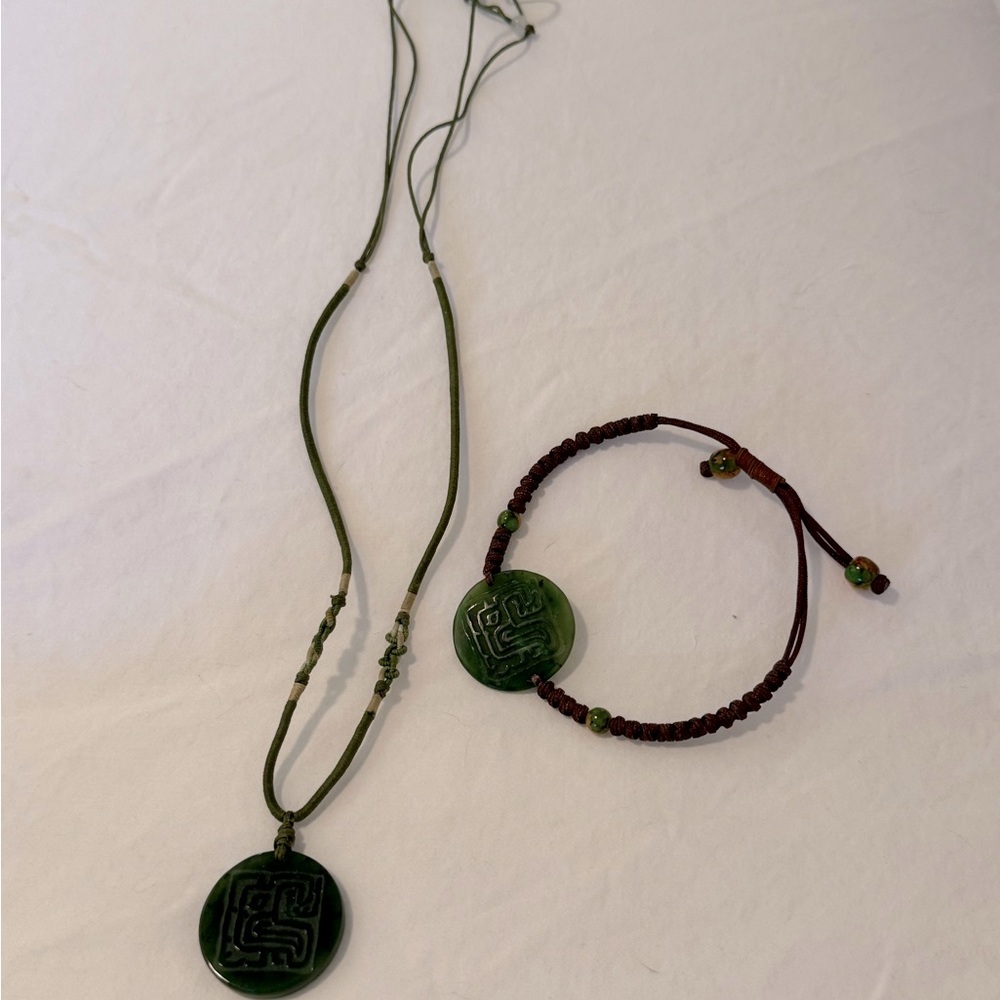 Carved Jade Pendant Necklace and Bracelet Set